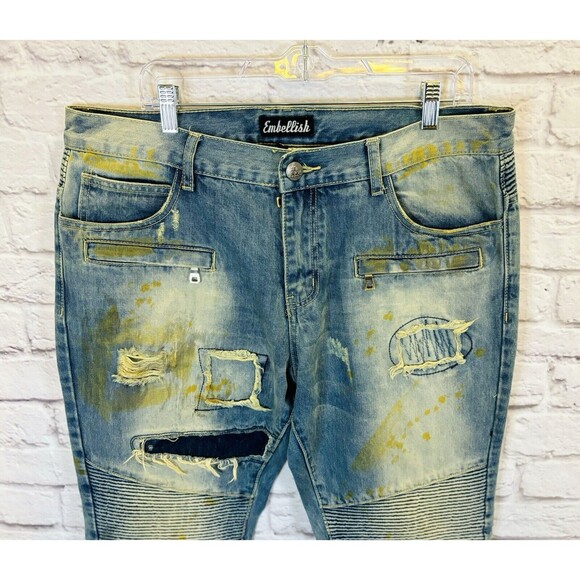 Embellish Mens Jeans‎ 38 x 33 Distressed Destroyed Biker Moto Gold Blue Denim - Picture 3 of 14